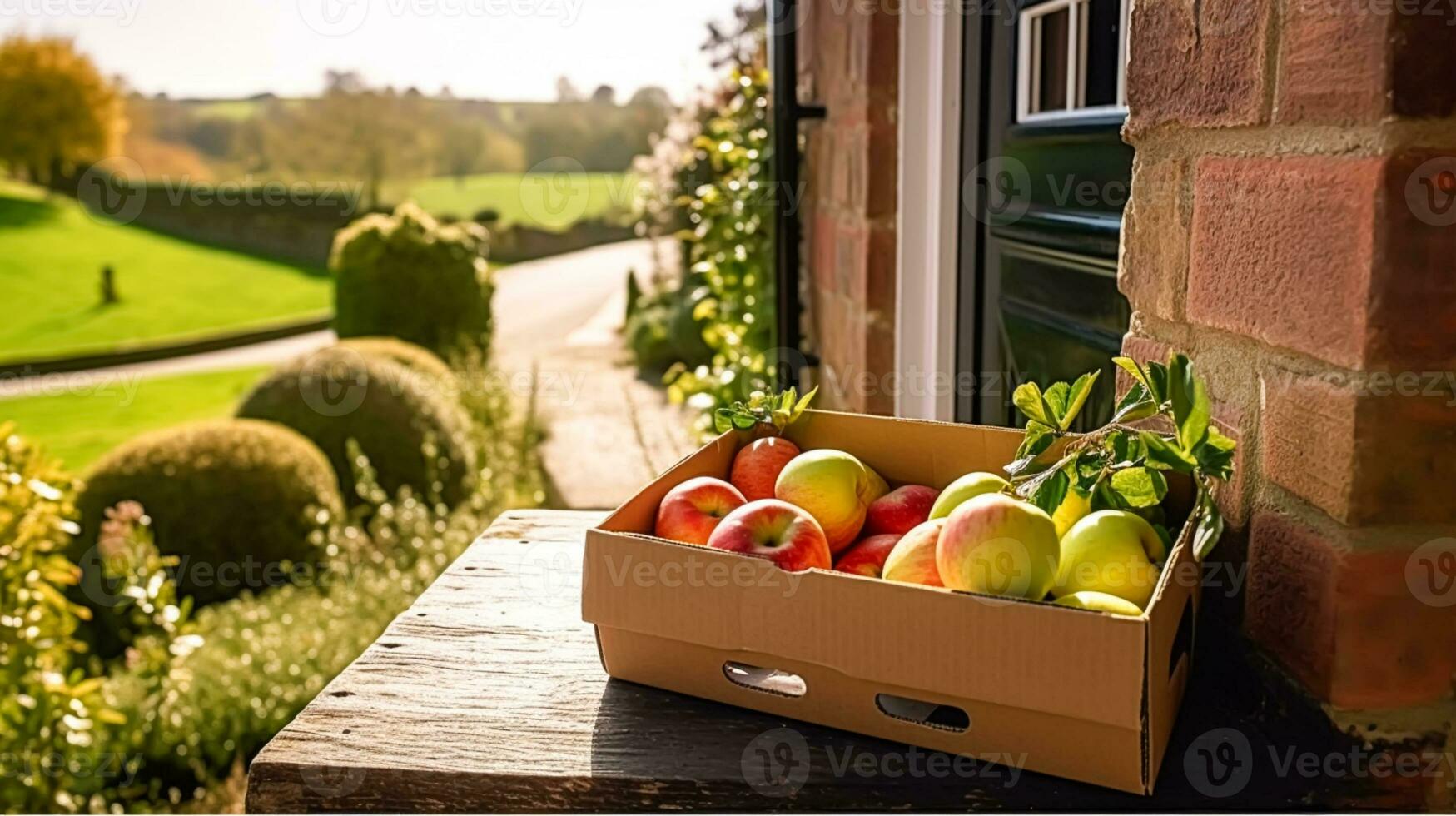 Food delivery, postal service and online grocery shopping, fruit box with fresh organic fruits from a local farm on a house doorstep in the countryside, generative ai photo