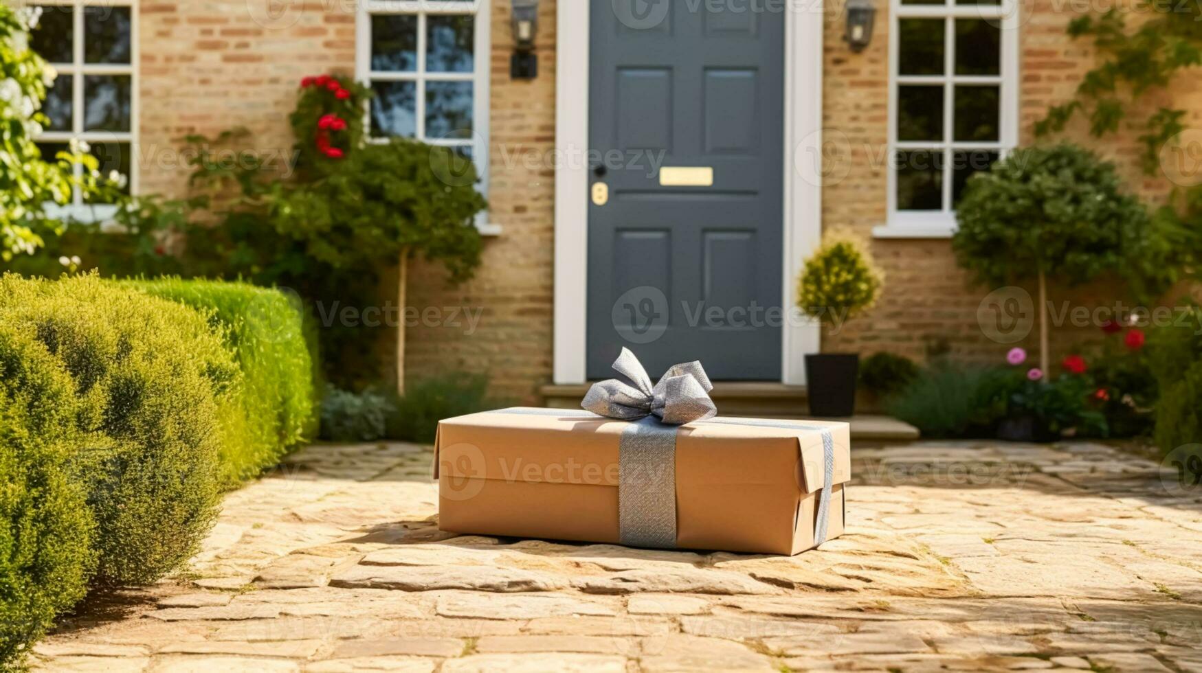 Elegant gift shop delivery, postal service and luxury online shopping, parcel box with a bow on a house doorstep in the countryside, generative ai photo