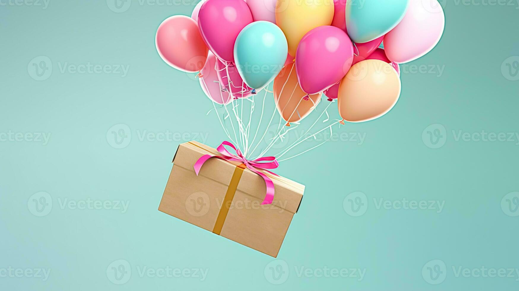 Postal service, shop delivery and online shopping, flying balloons carrying a parcel box, generative ai photo