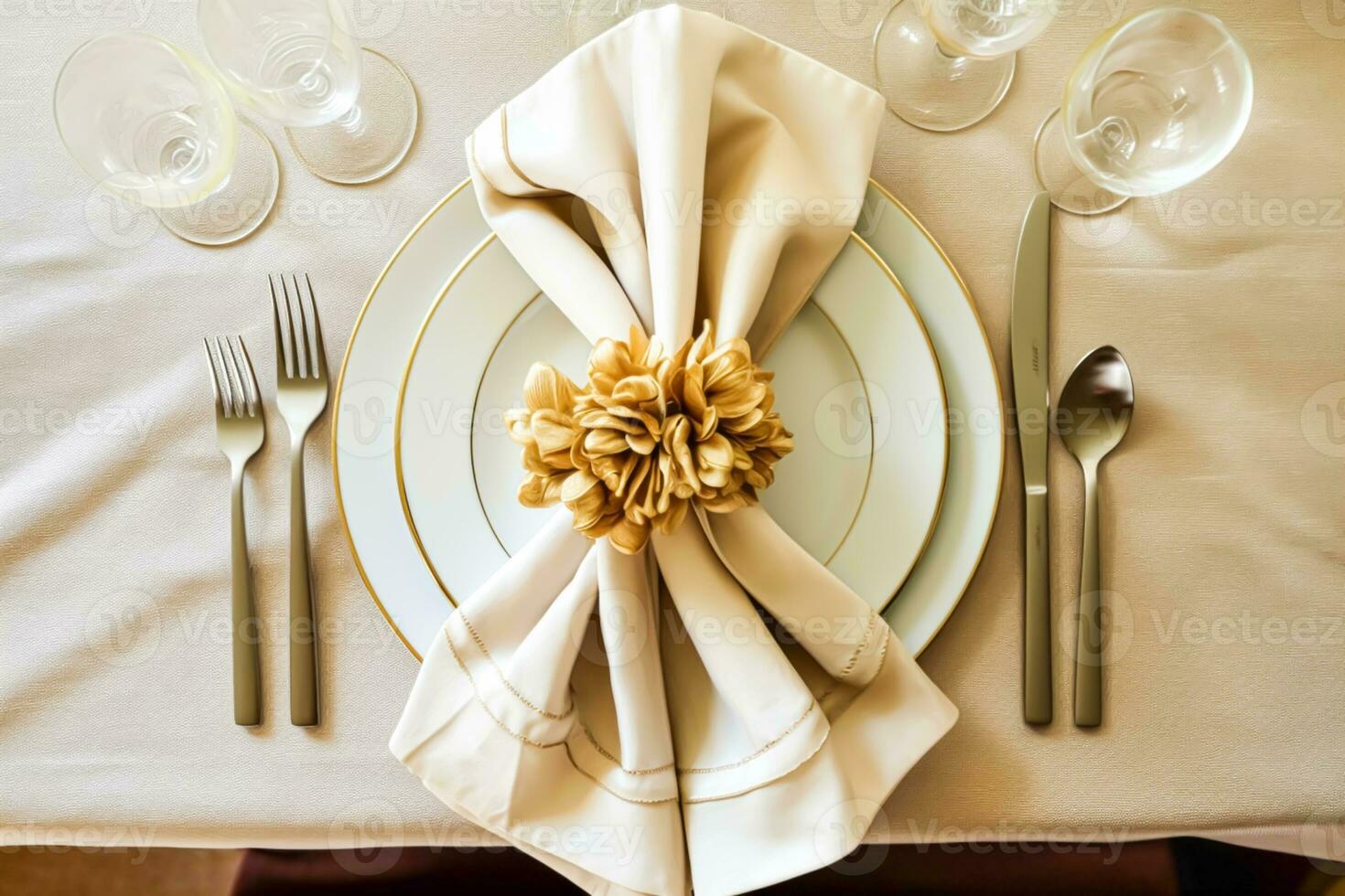 Elegant dinner table setting arrangement in English country style as flatlay tablescape, folded napkin on a serving plate, tableware and holiday table decor, generative ai photo