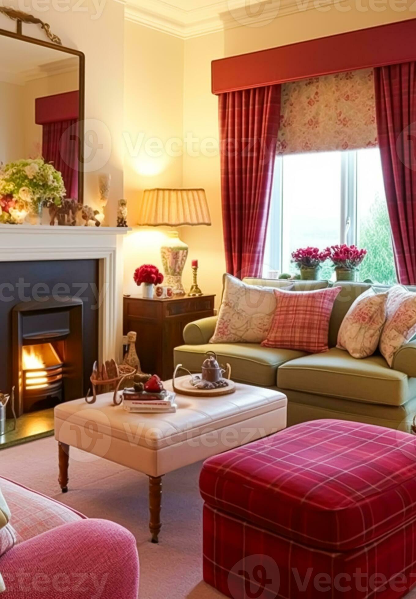 Traditional sitting room decor, interior design, red pink living