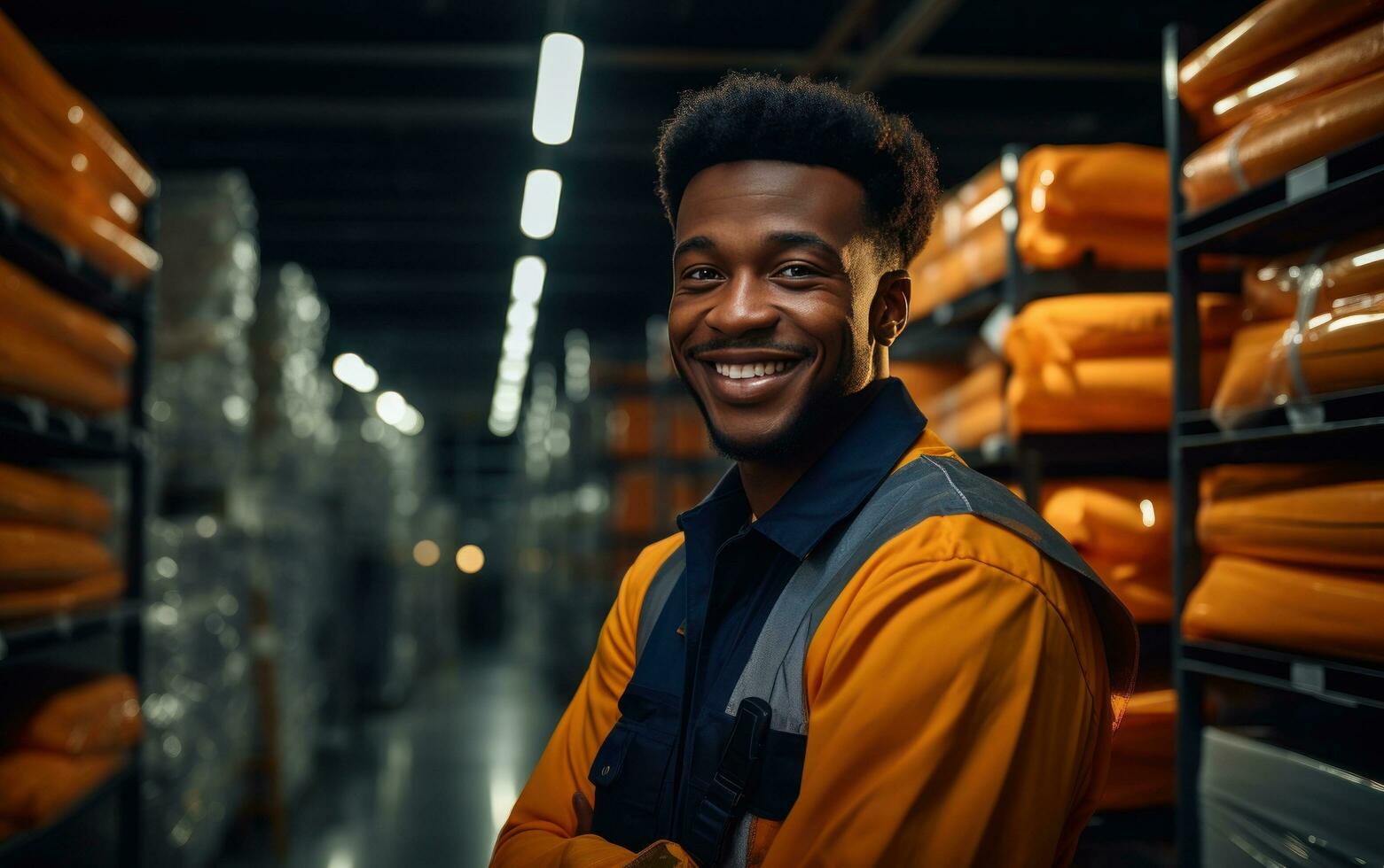 Worker in warehouse happy employee photo