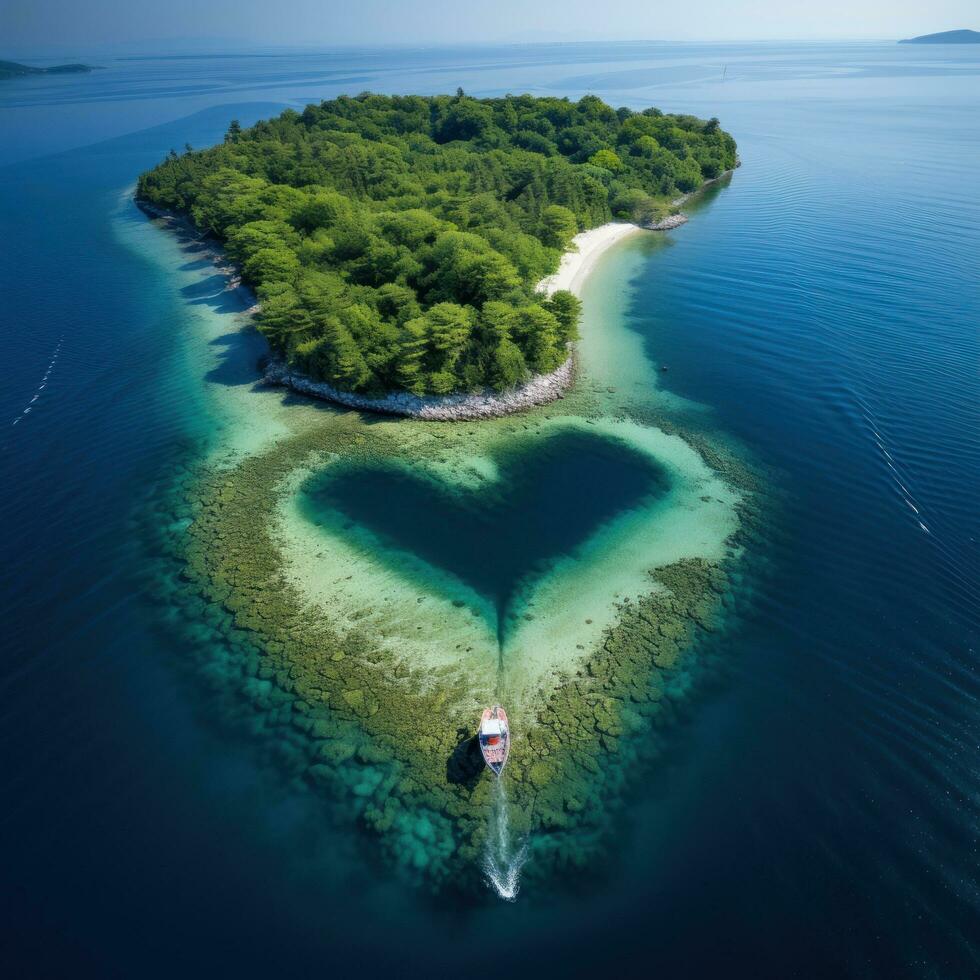 Heart-shaped island in the ocean aerial view photo