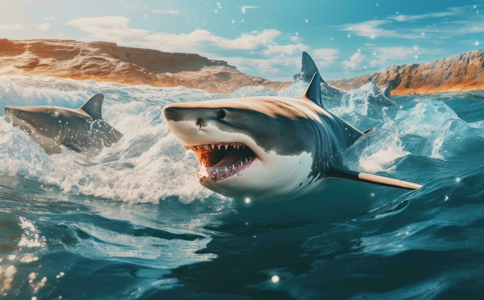 Angry shark in blue ocean photo