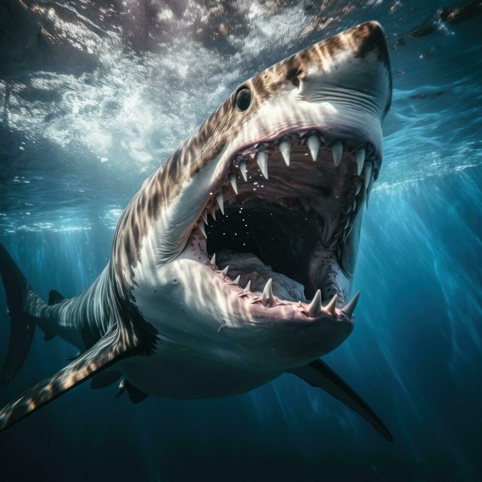 Angry shark in blue ocean photo