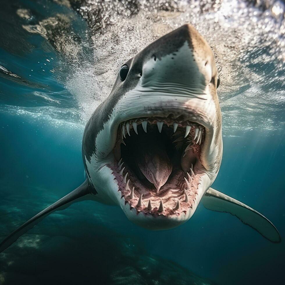 Angry shark in blue ocean photo