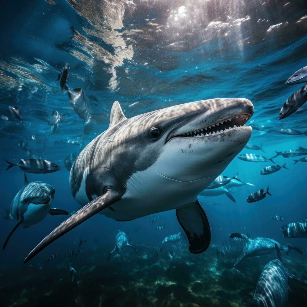 Dolphing swimming in blue ocean photo