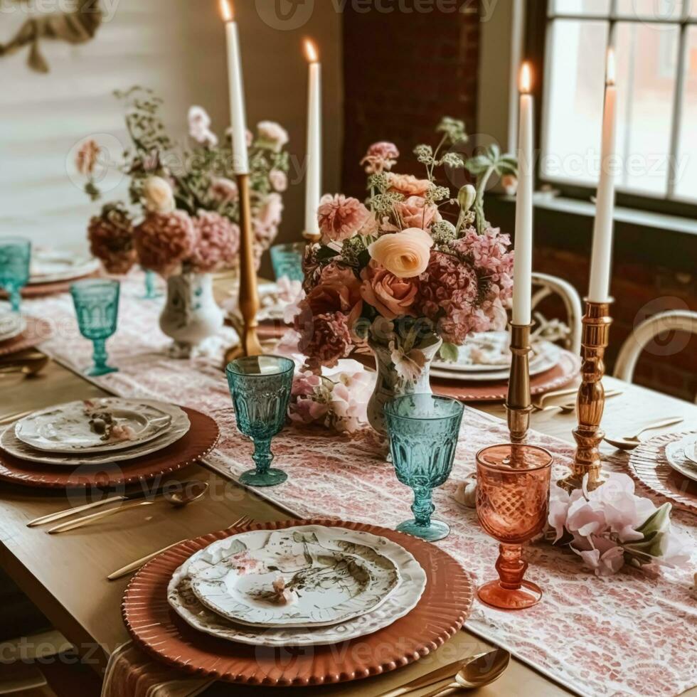 romántico fiesta paisaje de mesa, formal cena mesa configuración, mesa bohordo con rosado país estilo decoración para Boda y evento celebracion, generativo ai foto