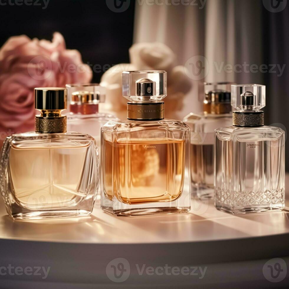 Luxury fragrance bottles at perfume scent at presentation event, bespoke perfumery and beauty product sale, generative ai photo