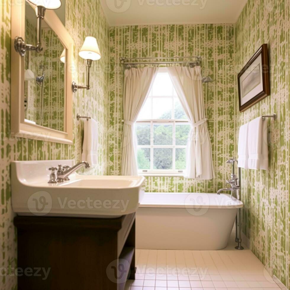 Classic bathroom decor, interior design and home improvement, bathtub and bathroom furniture, English country house and cottage style, generative ai photo