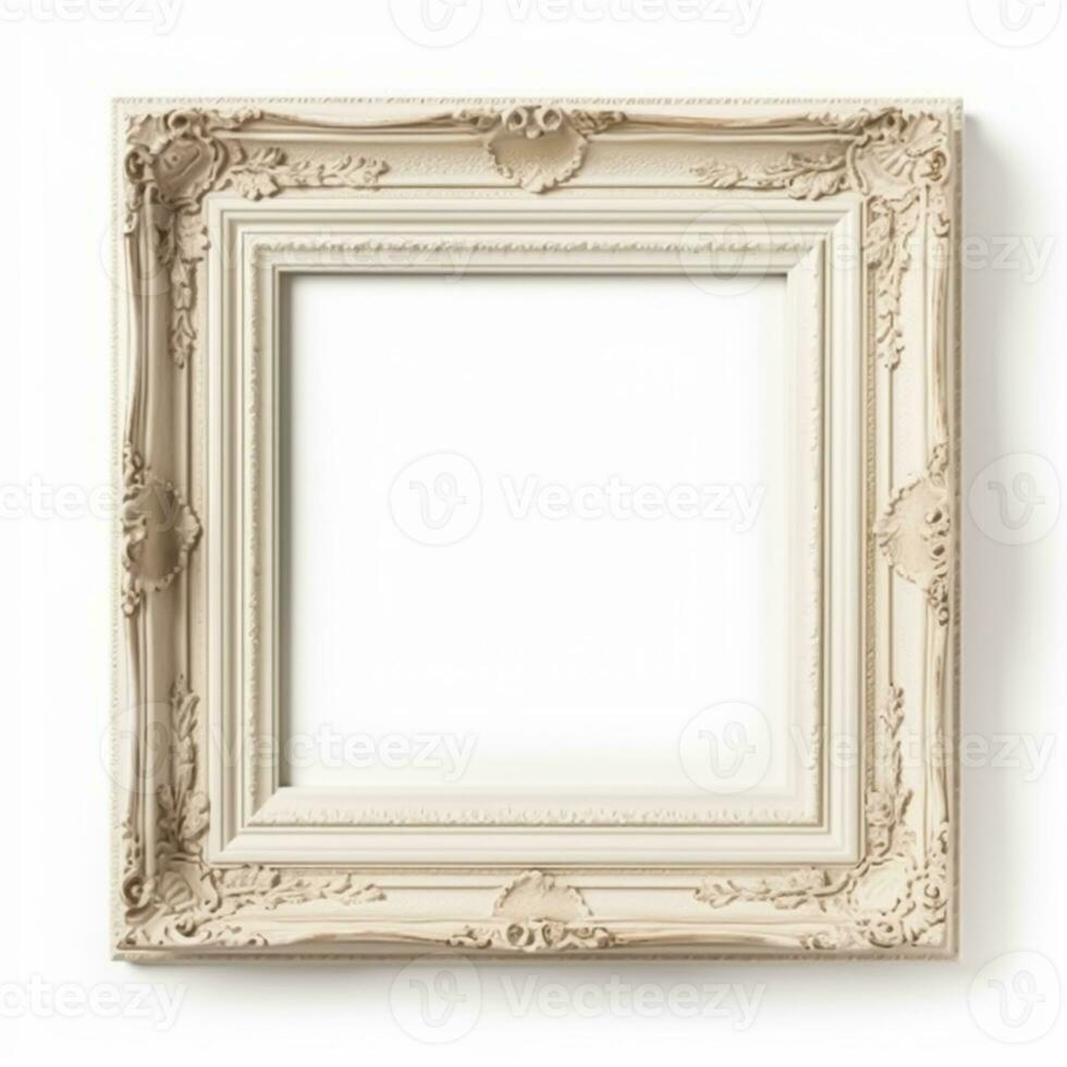 Empty vintage white wood square frame isolated on white background for wall art mockup, generative ai photo