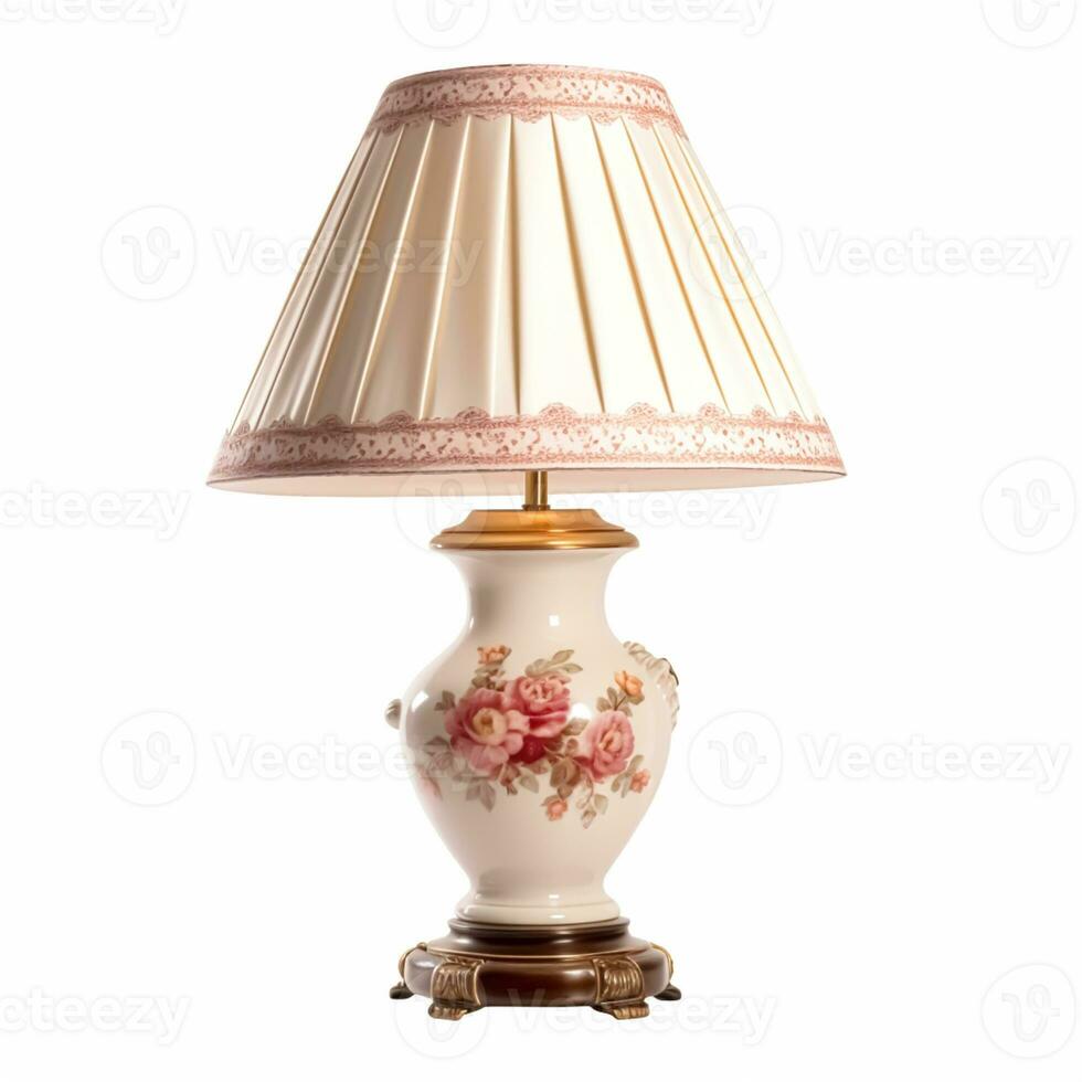 Vintage country style antique table lamp with a beautiful lampshade design isolated on white background, interior design and cottage home decor, post-processed, generative ai photo