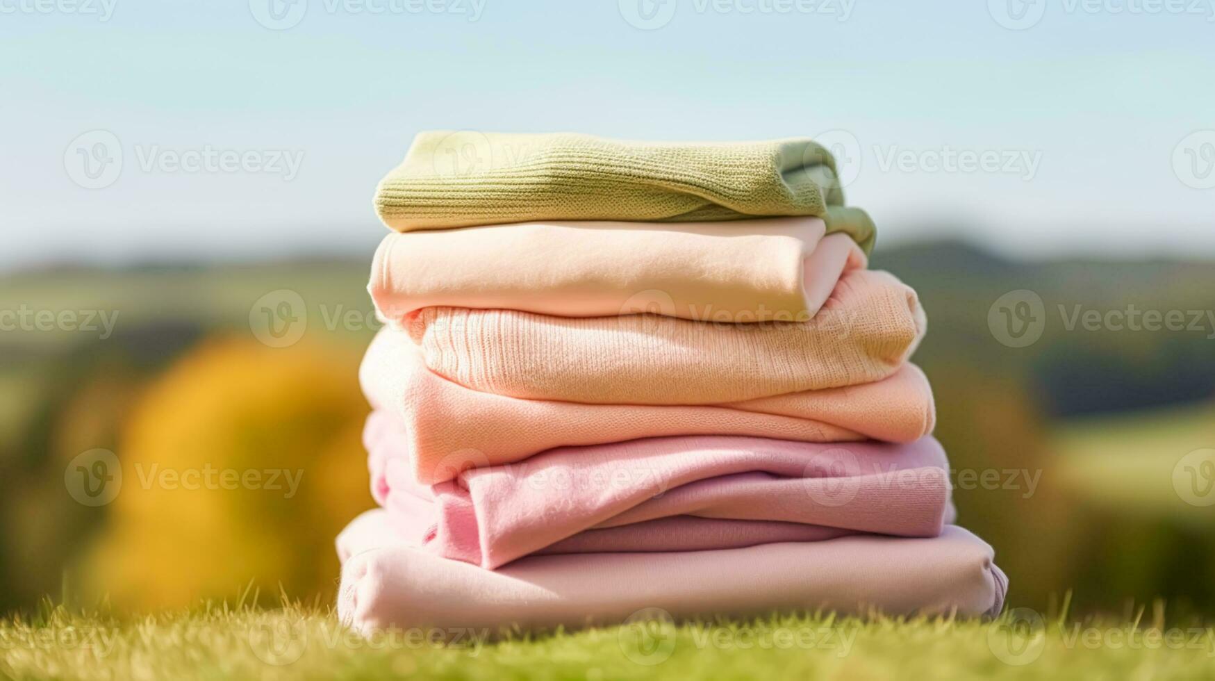 Laundry, housekeeping and homemaking, stack of clean and folded clothes in the countryside, generative ai photo