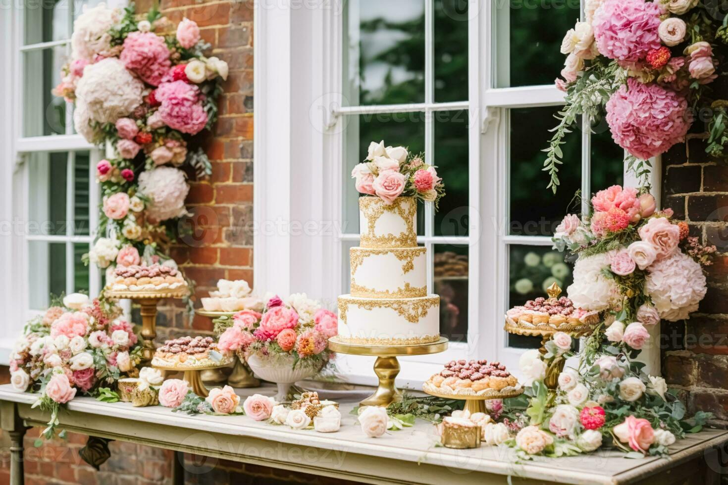 Wedding cake with floral decor, party celebration and holiday dessert catering in a country garden, generative ai photo