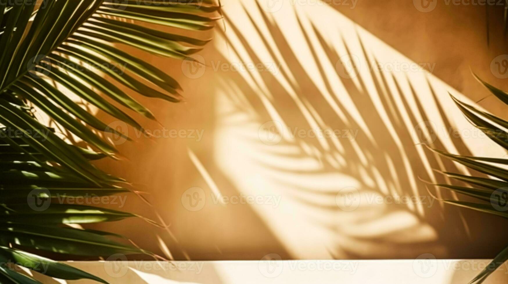 Tropical background for a product placement, palm tree leaves and sunlight shadows on the wall, minimalistic botanical backdrop, palms on a hot sunny day, generative ai photo