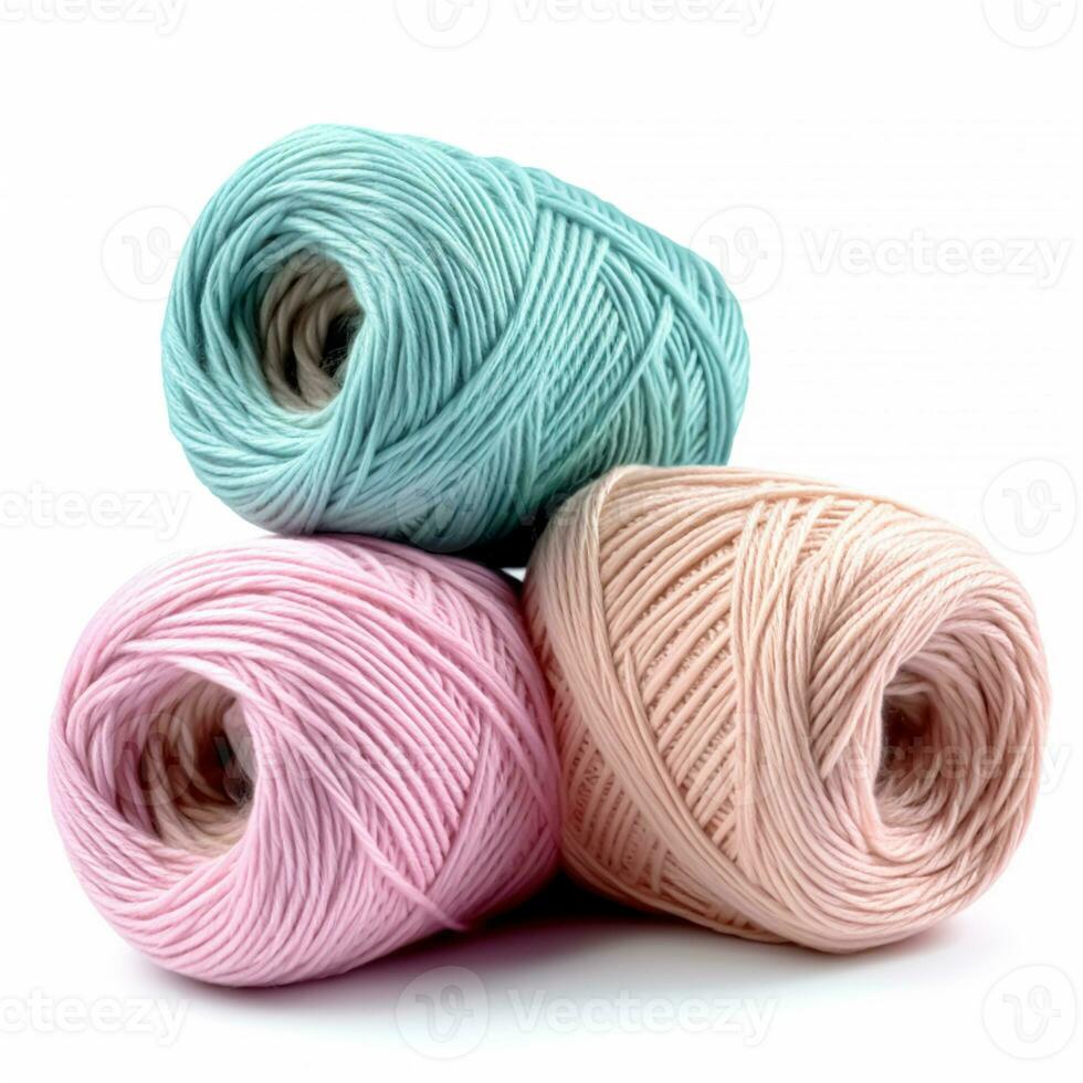 Yarn balls for knitting and crochet isolated on white background, cotton wool clews and skeins as natural organic material for knitwear, diy handmade fashion, generative ai photo
