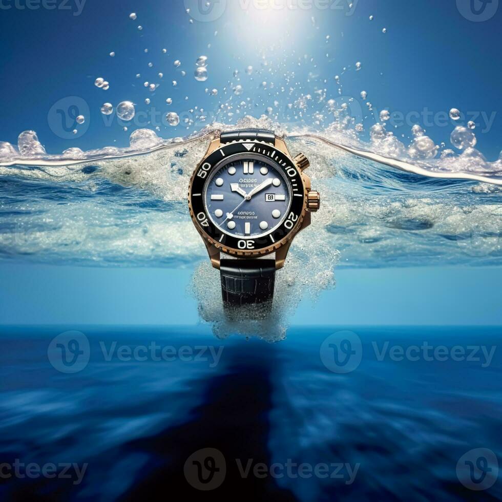 Waterproof luxury mens watch underwater in the ocean or sea commercial concept, bespoke water resistant design, generative ai photo