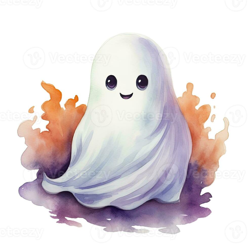 Cute halloween ghost watercolor. Cartoon character on orange and purple watercolor stain background. Quirky template for cards, posters, stickers. Halloween illustration in watercolor style. photo