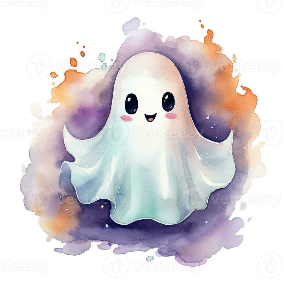Cute halloween ghost watercolor. Cartoon character on orange and purple watercolor stain background. Quirky template for cards, posters, stickers. Halloween illustration in watercolor style. photo