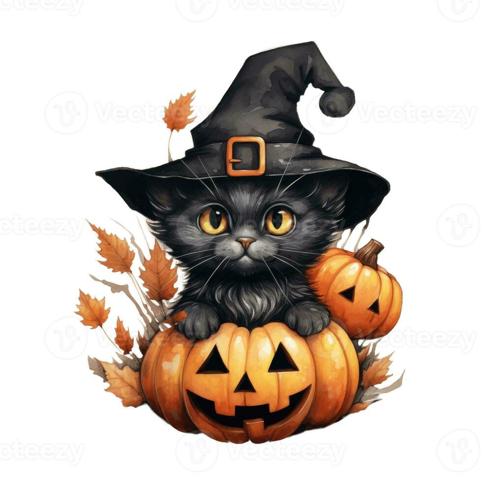 Cute halloween cat watercolor. Cartoon character in a hat with pumpkin on watercolor background. Quirky template for cards, posters, stickers. Halloween illustration in watercolor style. photo