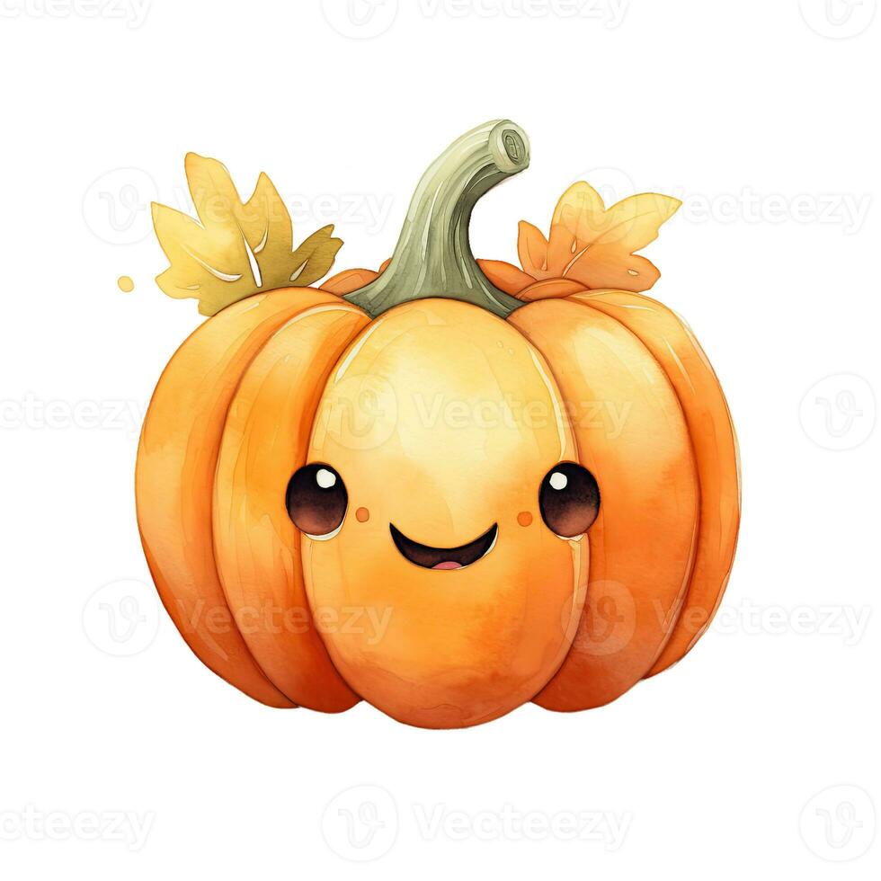Cute halloween pumpkin watercolor. Orange cartoon character on white background. Quirky template for cards, posters, stickers. Halloween illustration in watercolor style. photo
