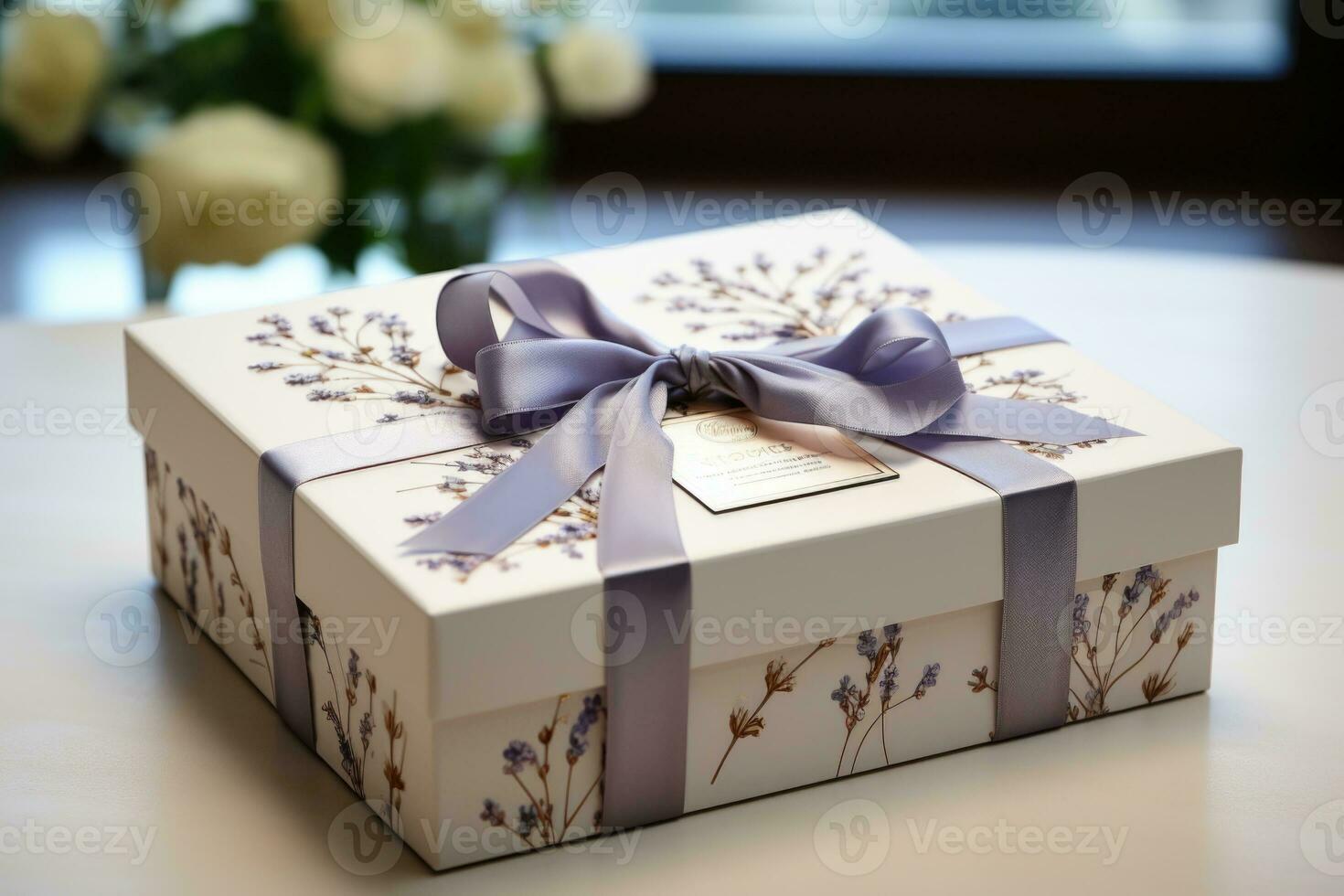 Gift wrapping in Provence style. Gift with lilac ribbon. Holiday greeting card. photo