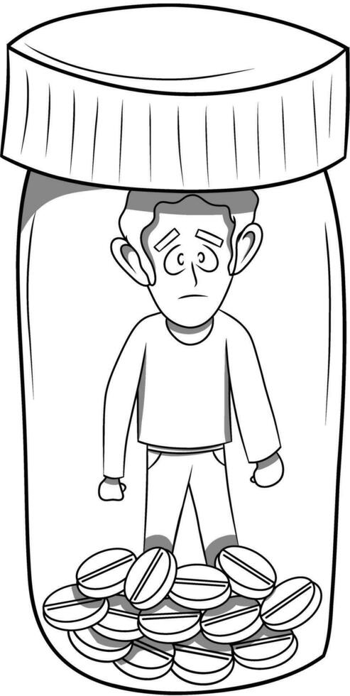 Sad character Trapped Inside a Bottle of Pills vector