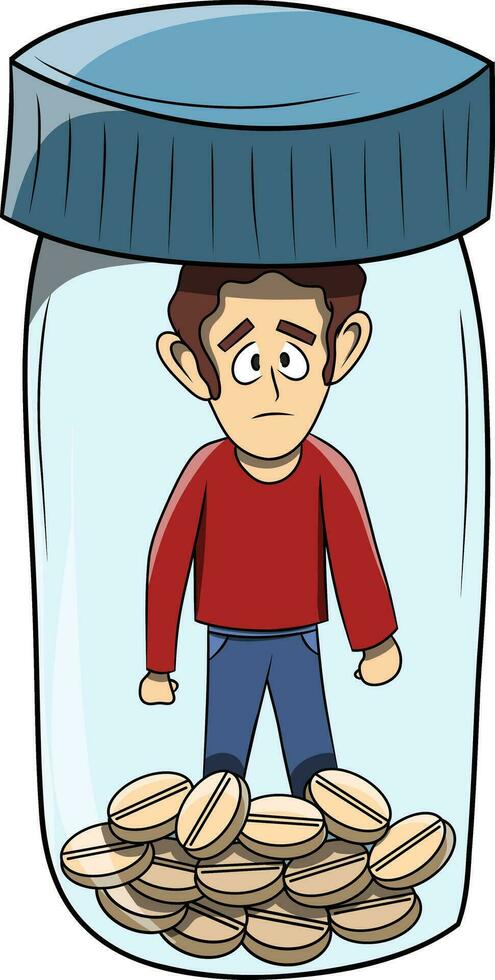 Sad character Trapped Inside a Bottle of Pills vector