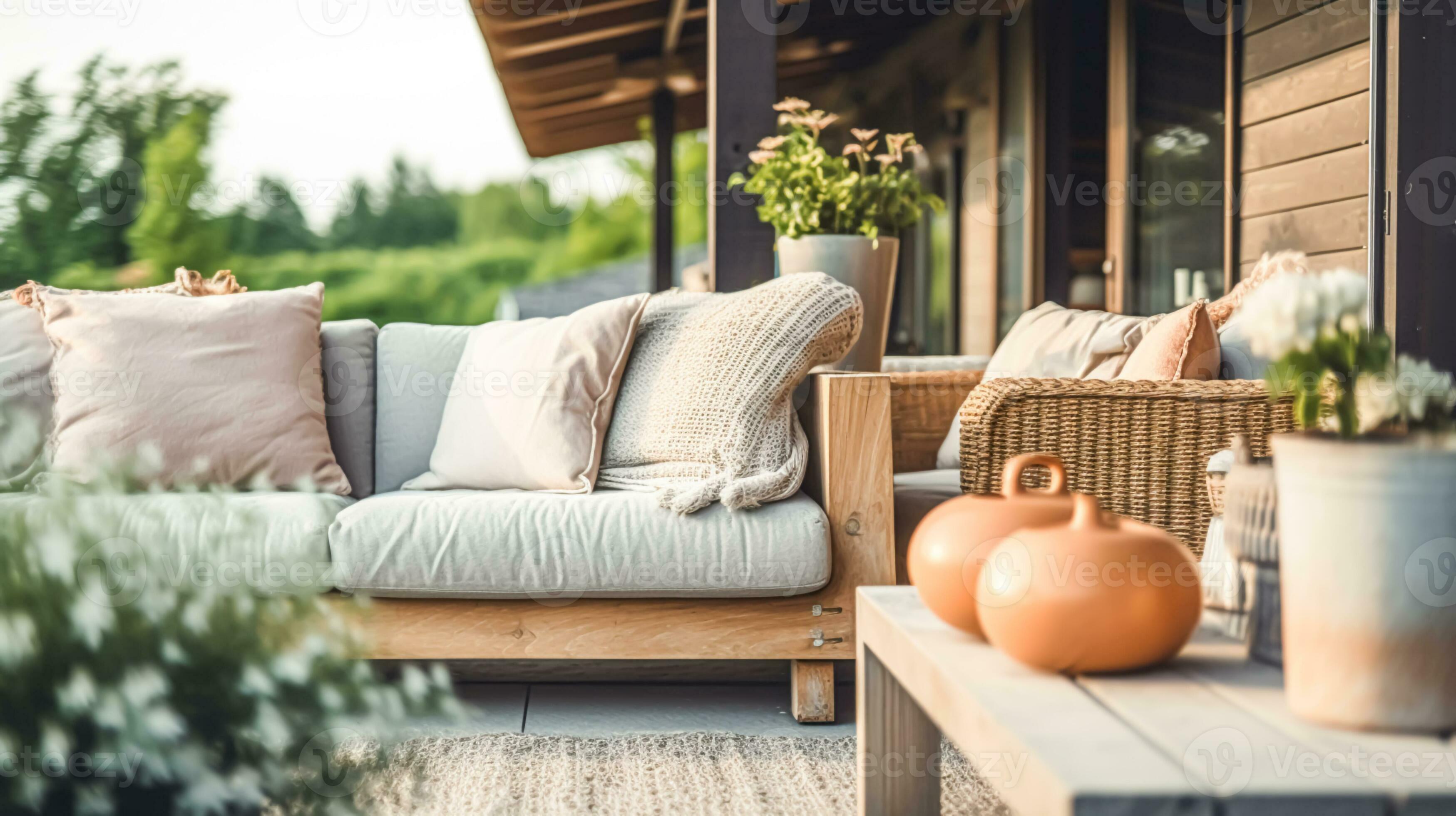 Salón de jardín, muebles de exterior y decoración de patio de casa de campo  con sofá y mesa, estilo de casa de campo, diseño de paisaje generativo ai