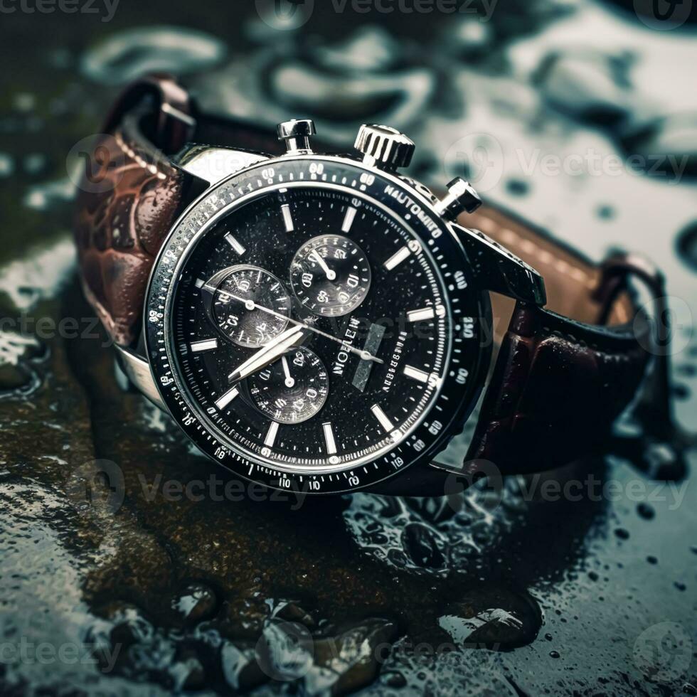 Waterproof luxury mens watch on the stone under the rain, commercial concept, bespoke water resistant design, generative ai photo