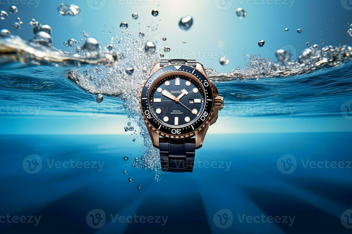 Waterproof luxury mens watch underwater in the ocean or sea commercial concept, bespoke water resistant design, generative ai photo