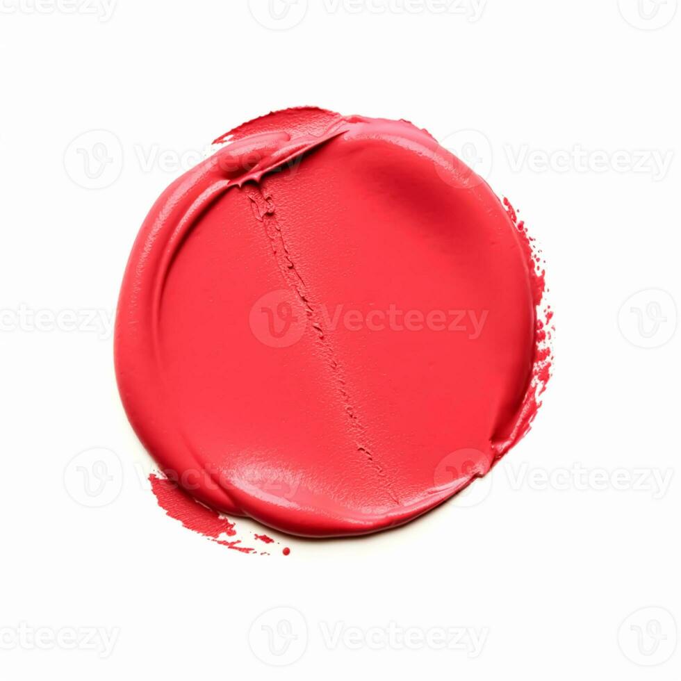 Beauty swatch and cosmetic texture, circle round red lipstick sample isolated on white background, paraffin wax sealing stamp, generative ai photo