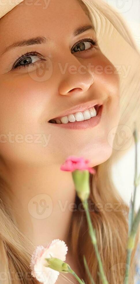 Beauty, summer and skincare, happy smiling woman in hat with flower as cosmetics, wellness and lifestyle fashion photo