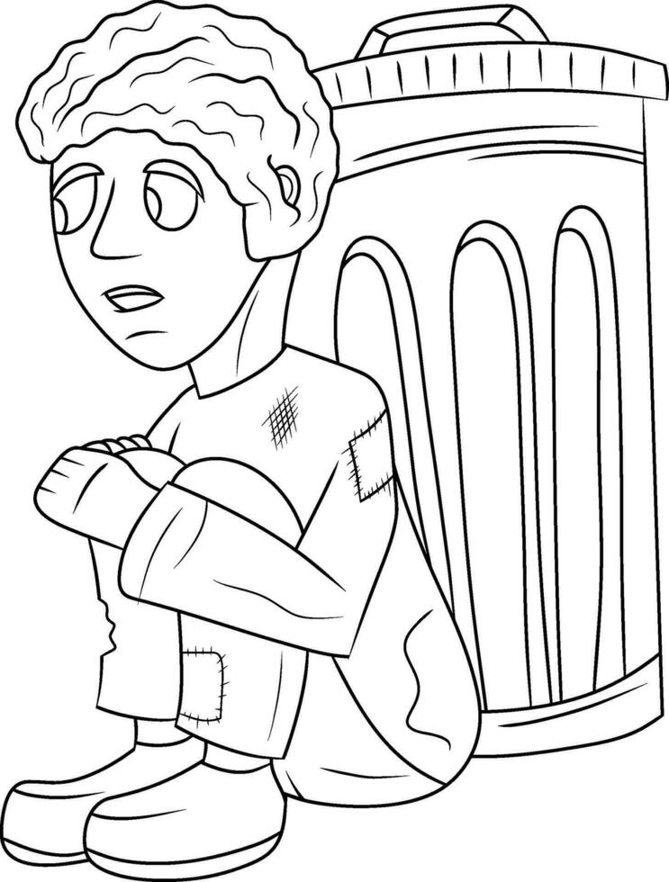 Hand drawn Poor and Homeless Boy Sitting Near Trash vector