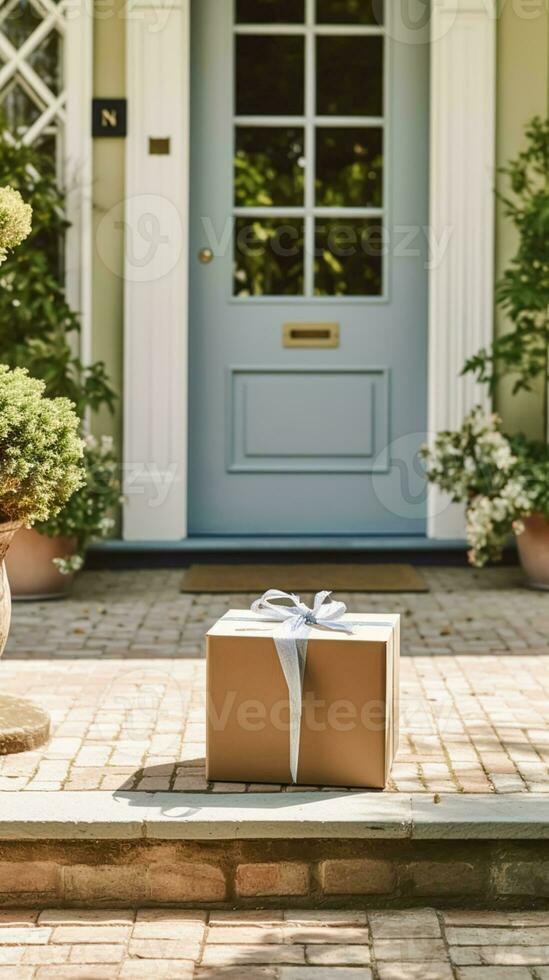 Elegant gift shop delivery, postal service and luxury online shopping, parcel box with a bow on a house doorstep in the countryside, generative ai photo