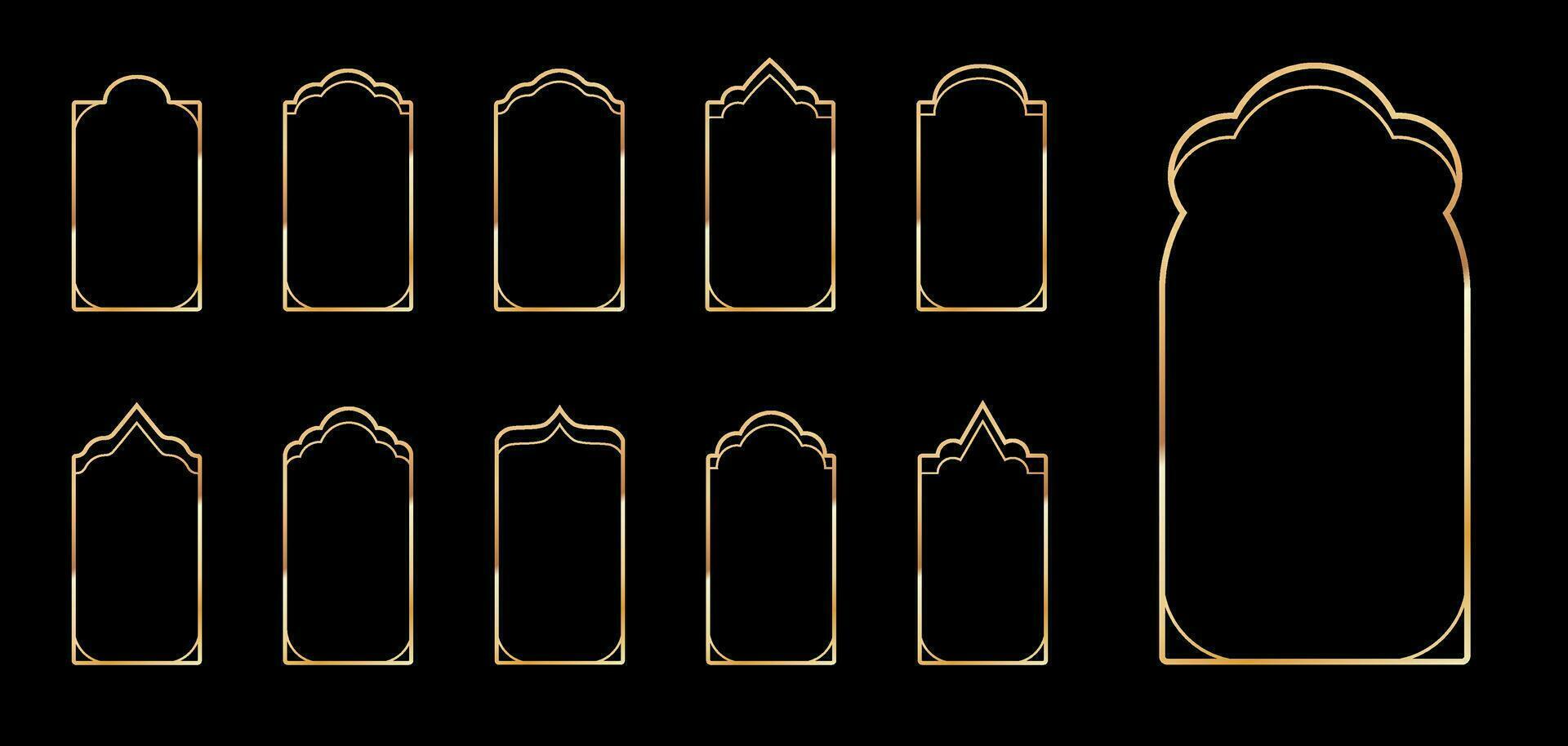 Set of elegant golden luxury picture frames, borders, architectural windows, decorative arcs. vector