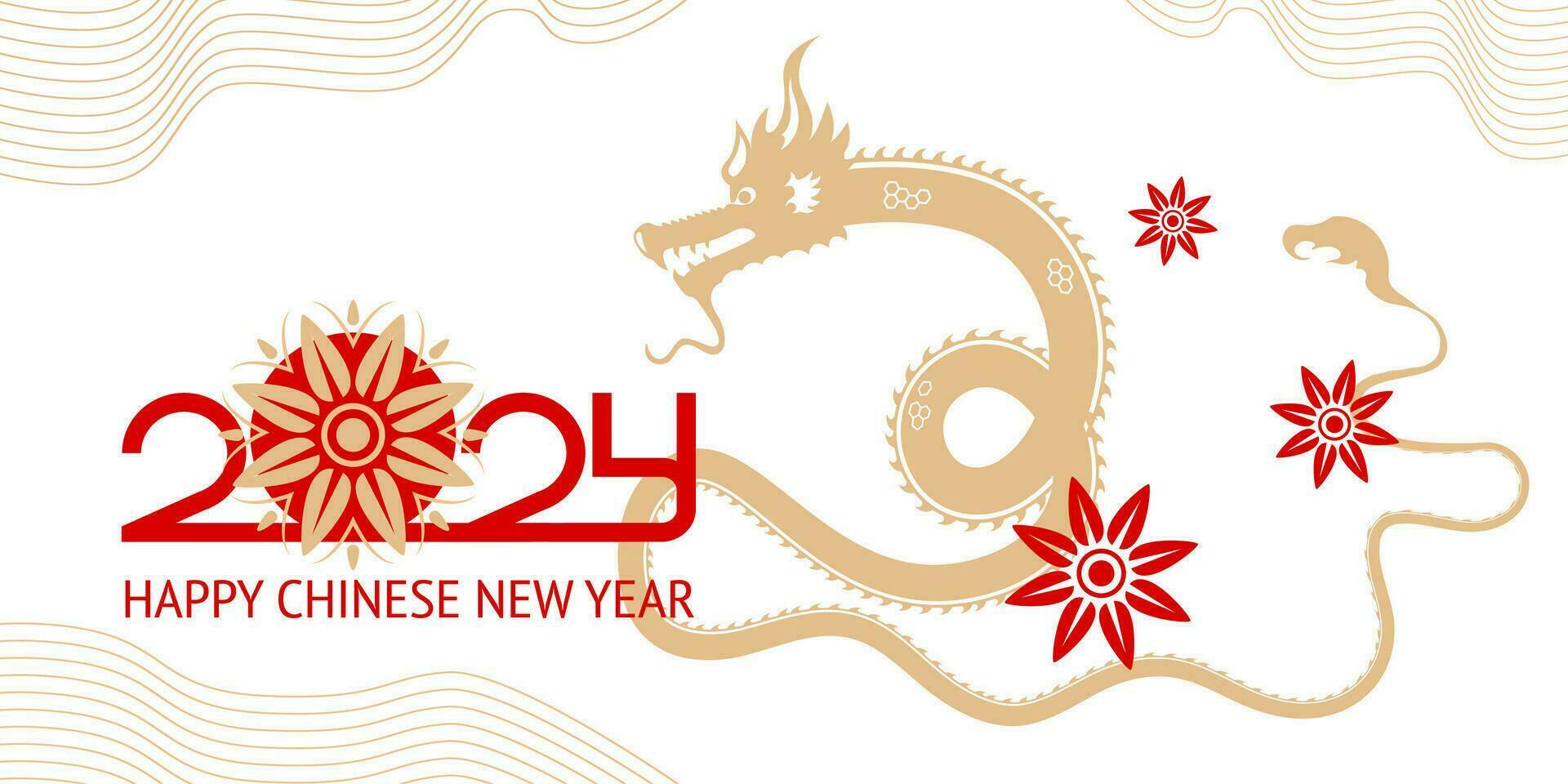 2024 New Year postcard, Chinese New Year greeting with wavy long Dragon, lunar zodiac symbol of the Year, vector illustration.