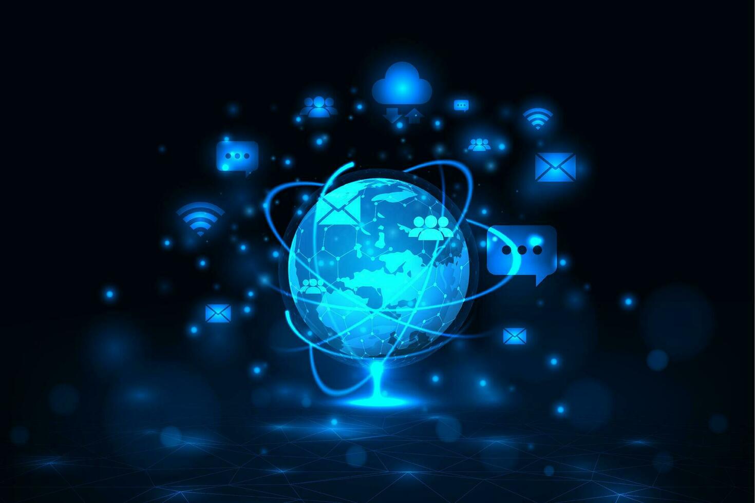Vector earth with icon technology. Communication and social media concept. Technology connecting abstract background.