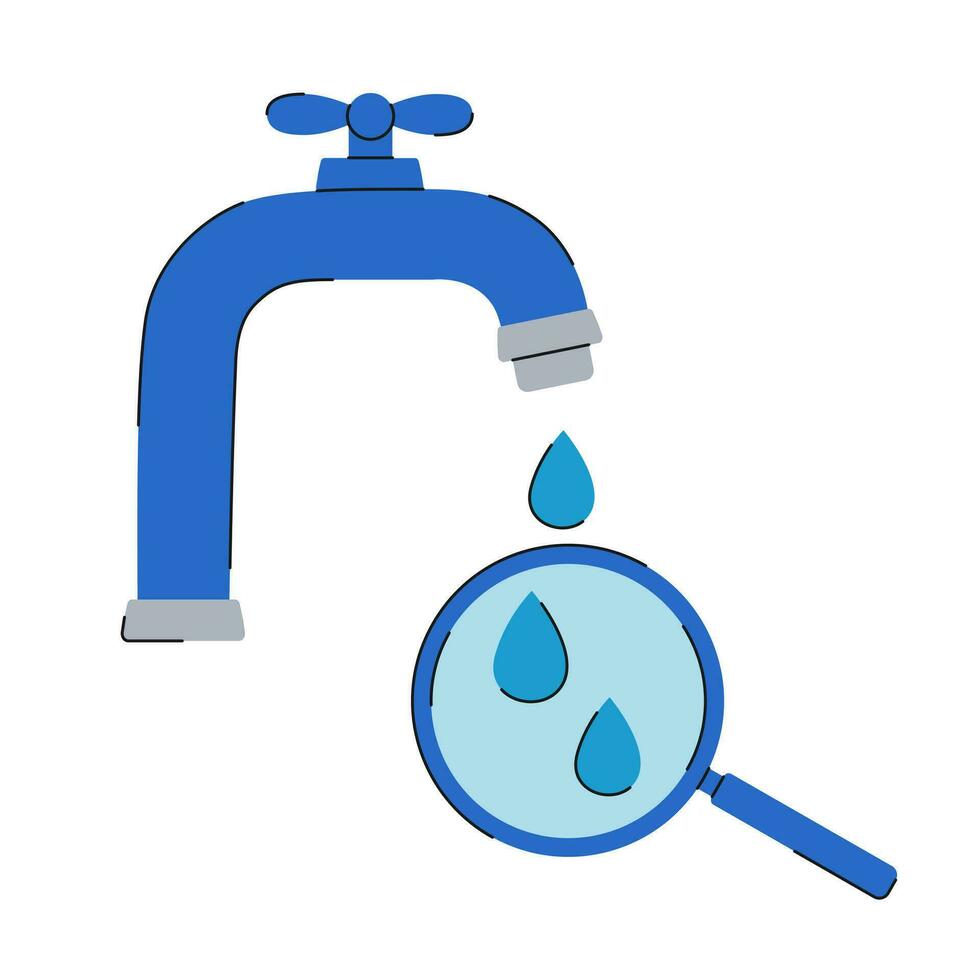 Water tap and water drops under magnifying glass. Water analysis, quality test. Vector illustration isolated on white background