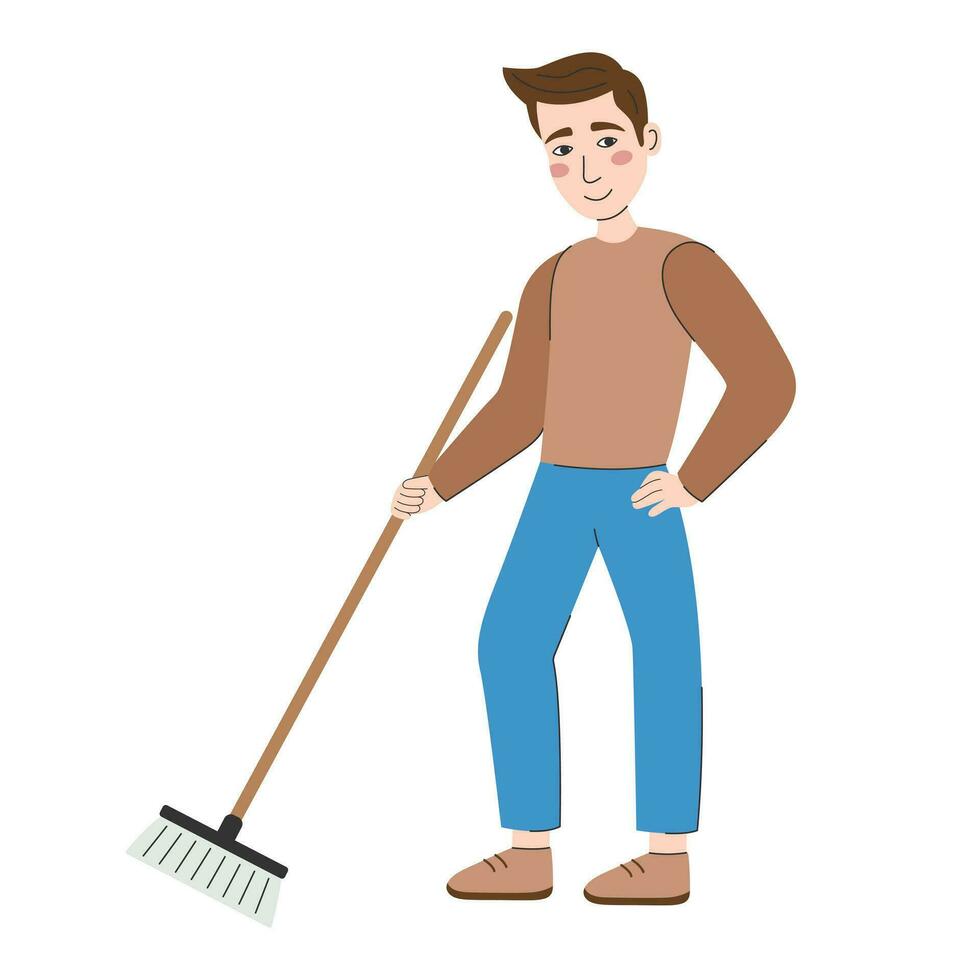 Young man with broom. The guy stands with hand on belt. Sweeping street or floor. Household cleaning, environmental cleanup. Vector flat illustration isolated on white background