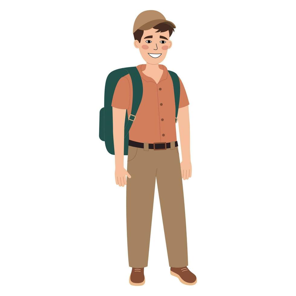 Happy man tourist with backpack and cap. Traveler, hiker guy. Standing pose. Vector flat illustration isolated on white background