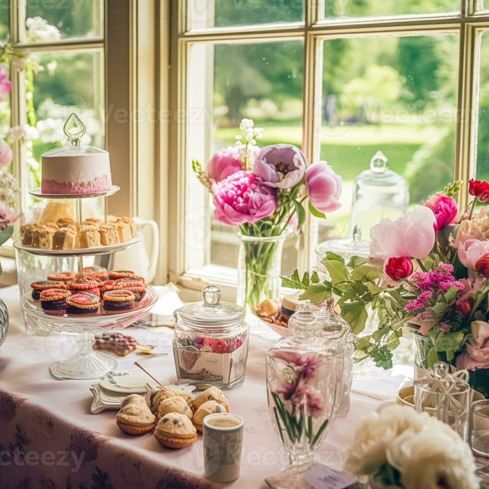 Dessert buffet with peony flowers, catering for wedding, party and holiday celebration, cakes and desserts in a countryside garden, generative ai photo