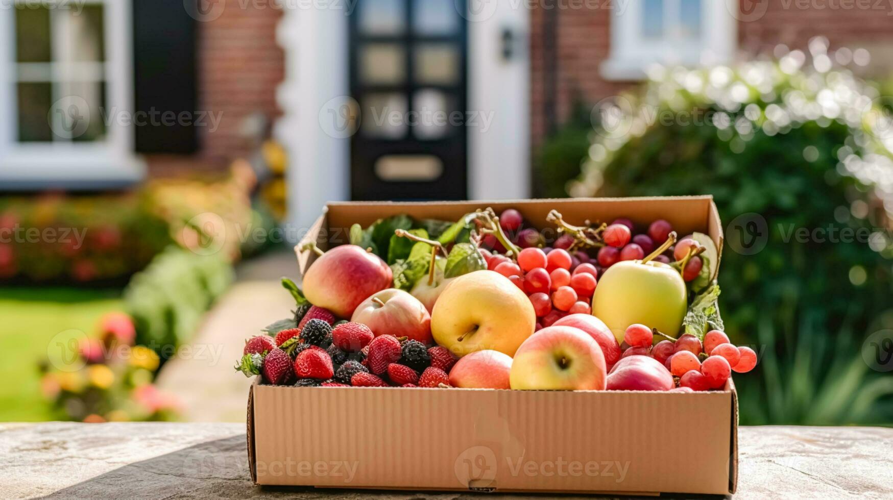 Food delivery, postal service and online grocery shopping, fruit box with fresh organic fruits from a local farm on a house doorstep in the countryside, generative ai photo
