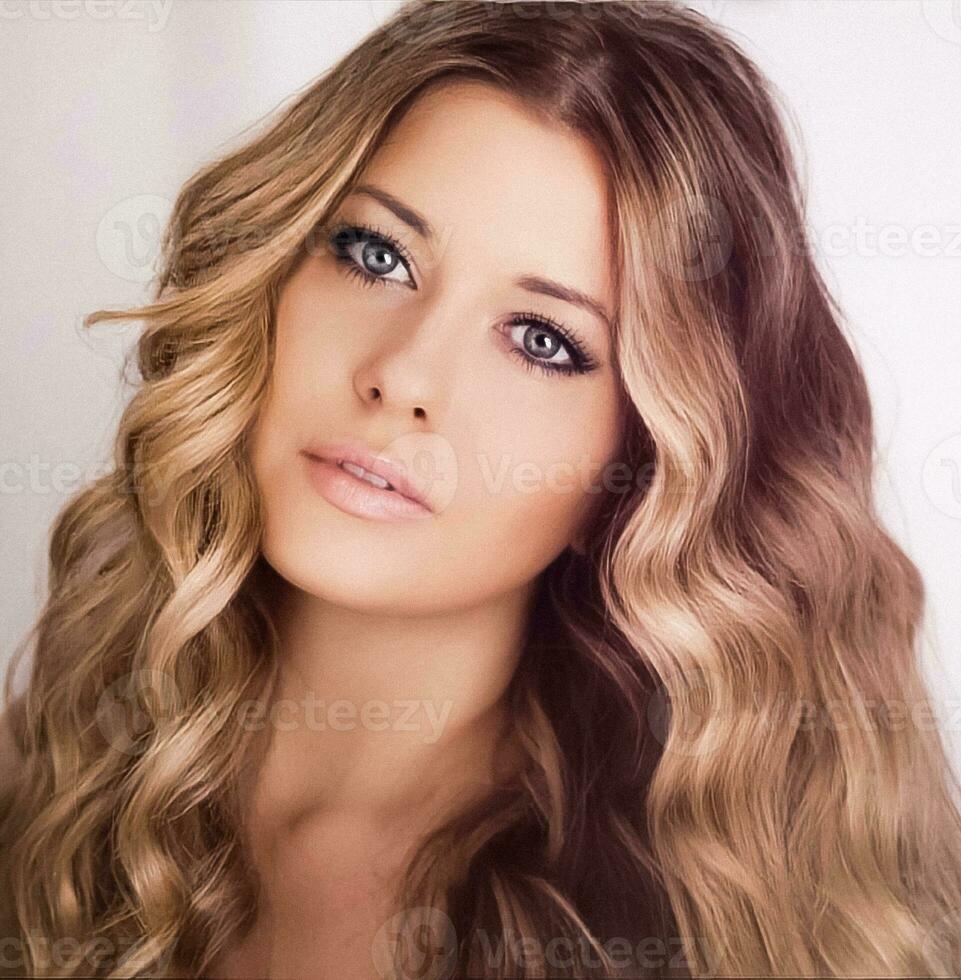 Beauty, makeup and glamour look. Beautiful blonde woman with curly hairstyle and smokey eyes evening make-up, closeup fashion portrait with retro film grain effect photo