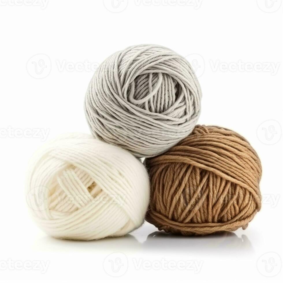 Yarn balls for knitting and crochet isolated on white background, cotton wool clews and skeins as natural organic material for knitwear, diy handmade fashion, generative ai photo