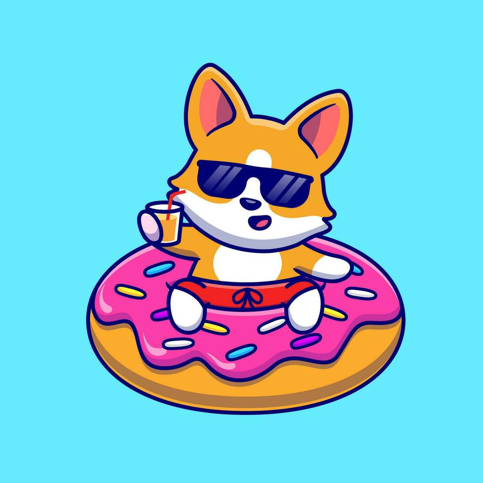 linda corgi perro flotante con rosquilla nadando llantas dibujos animados vector icono ilustración. animal fiesta icono concepto aislado prima vector. plano dibujos animados estilo