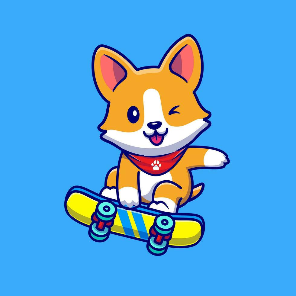 linda corgi perro jugando patineta dibujos animados vector icono ilustración. animal deporte icono concepto aislado prima vector. plano dibujos animados estilo