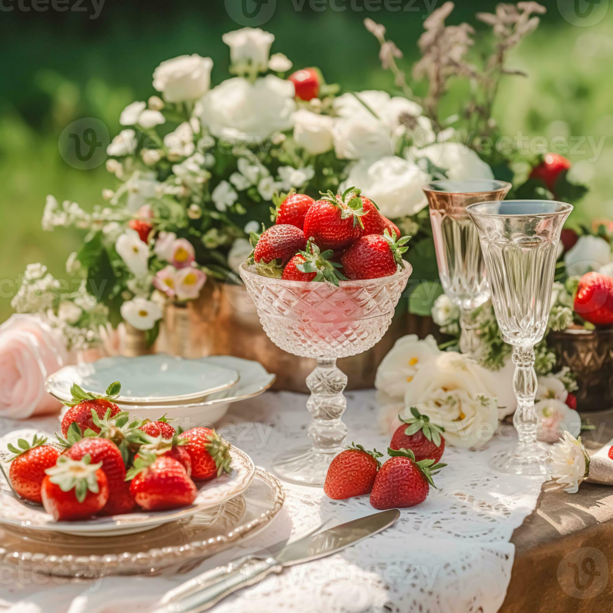Country tablescape, formal dinner table setting, table scape with strawberry  decoration for wedding party and holiday event celebration, generative ai  29292354 Stock Photo at Vecteezy