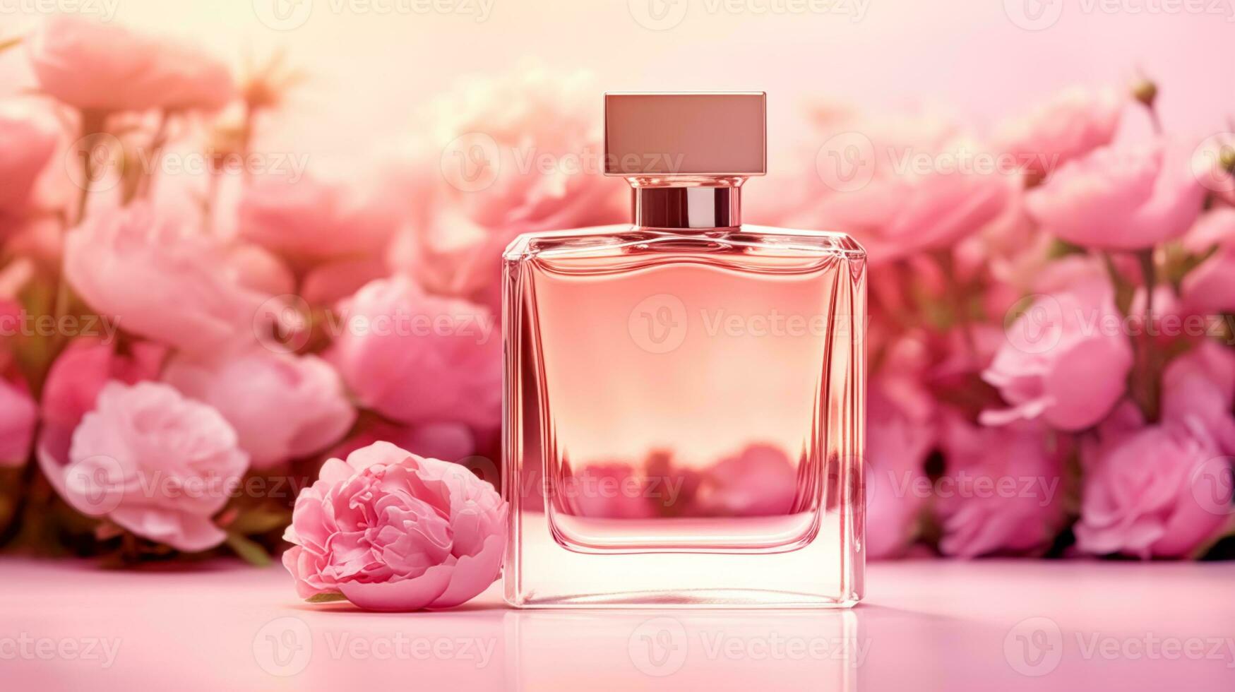 lujoso floral aroma, fragancia botella y rosado flores, perfume comercial en flor jardín, hecho a la medida perfumería y belleza producto venta, generativo ai foto