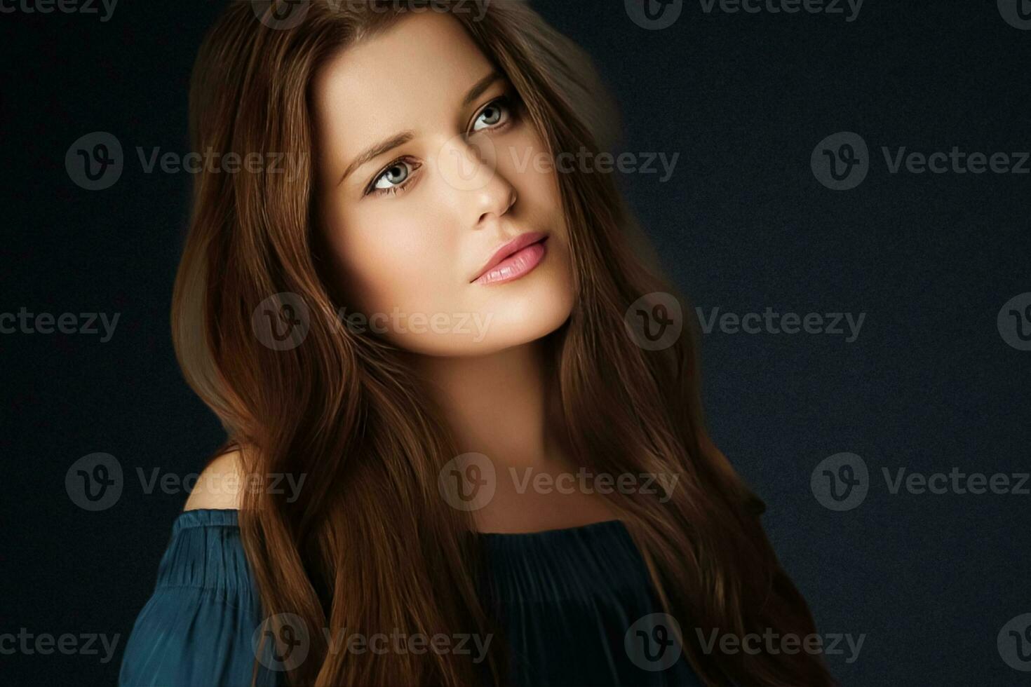Beauty, makeup and skincare, face portrait of beautiful woman with long hairstyle on black background for luxury cosmetics, wellness or glamour fashion photo